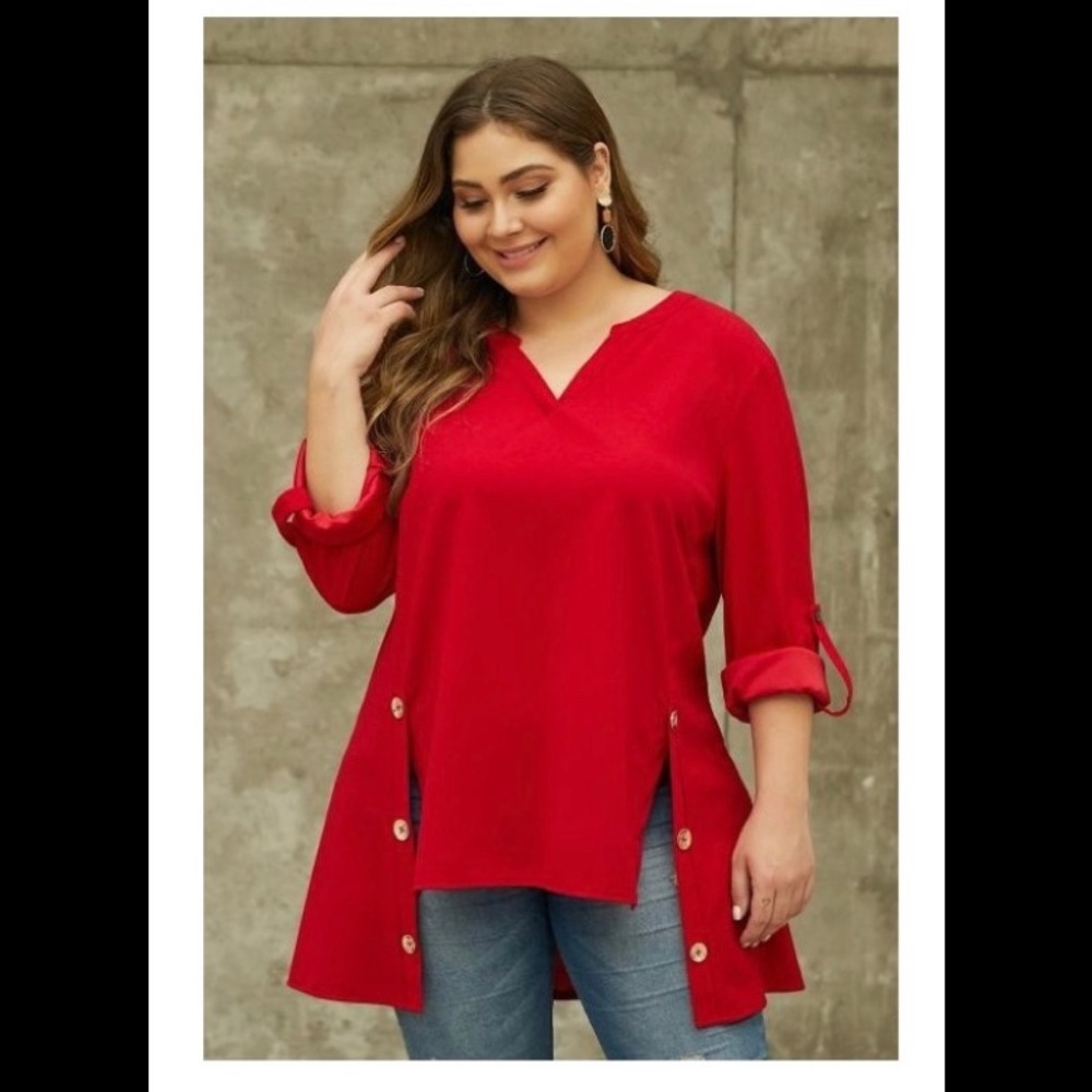 Red V Neck Tab Roll up Sleeve Slits Plus Size Top
